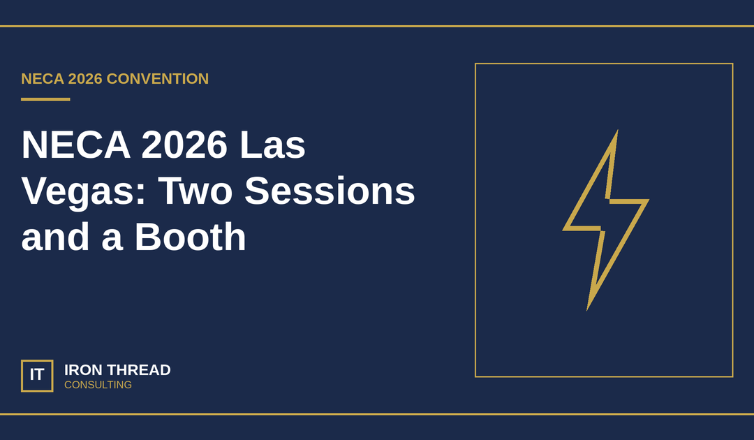 Iron Thread NECA 2026 Las Vegas graphic with a gold lightning bolt on navy