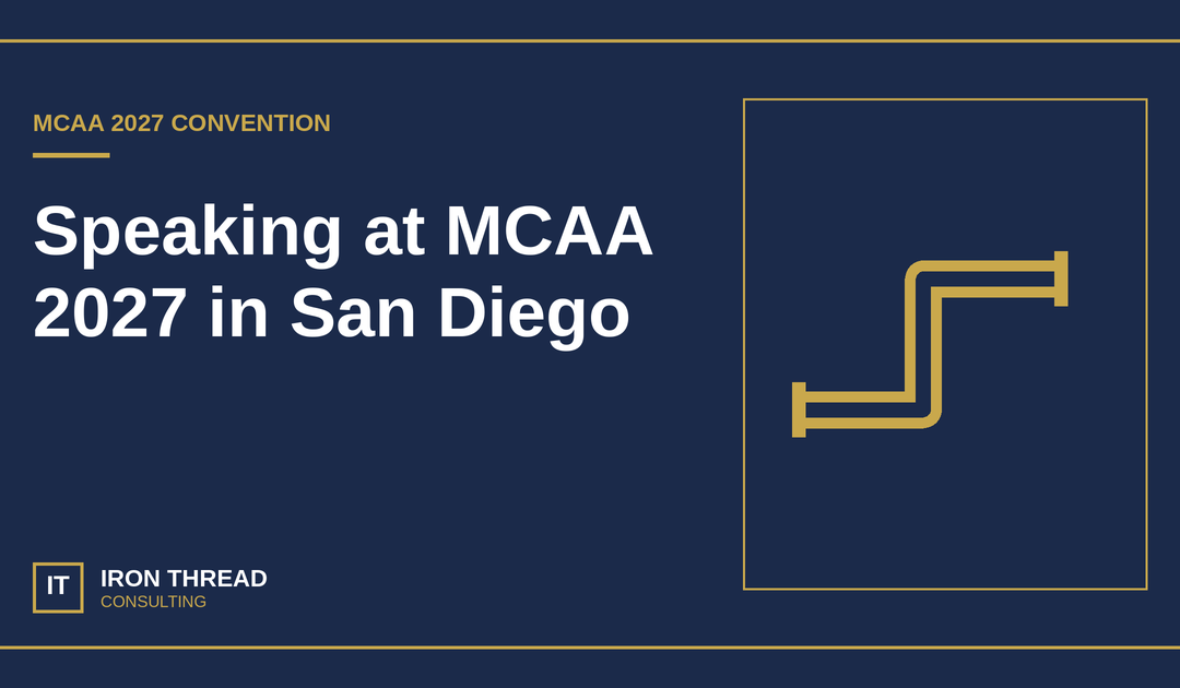 Iron Thread MCAA 2027 San Diego graphic with a gold pipe run on navy