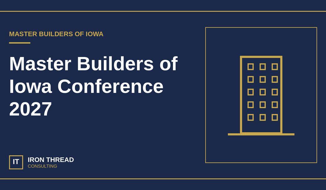 Iron Thread Master Builders of Iowa 2027 graphic with a gold commercial building on navy