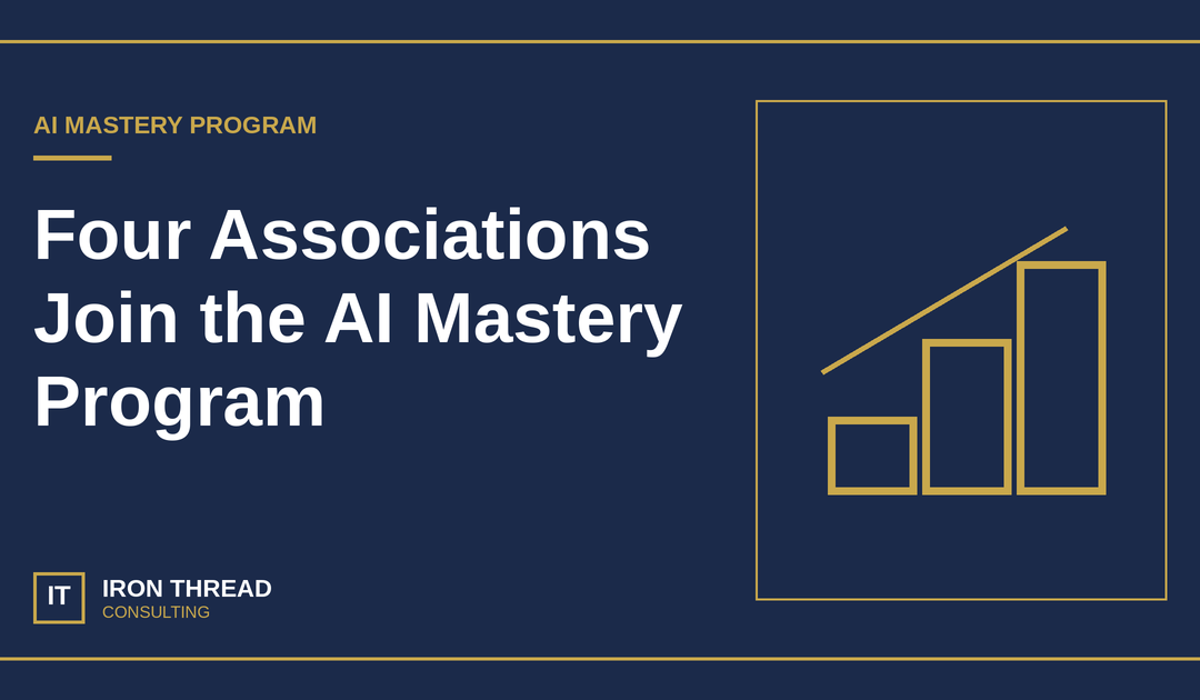 Iron Thread AI Mastery Program graphic with gold ascending steps on navy