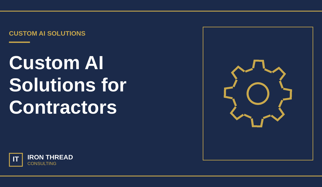 Iron Thread custom AI solutions graphic with a gold gear on navy
