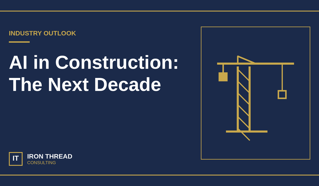 Iron Thread AI in construction graphic with a gold tower crane on navy