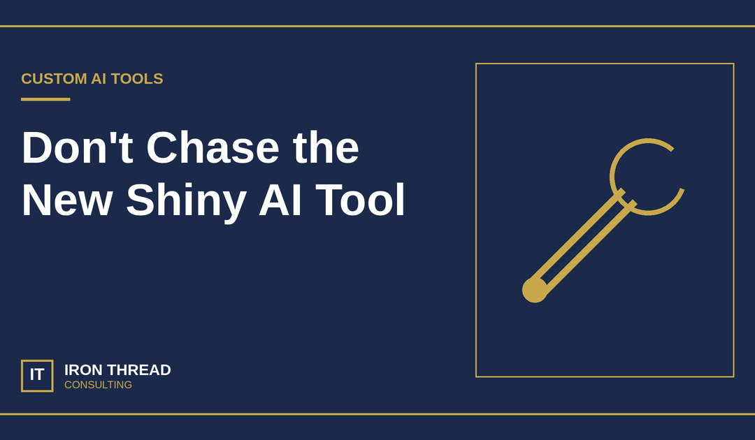 Iron Thread custom AI tool graphic with a gold wrench on navy