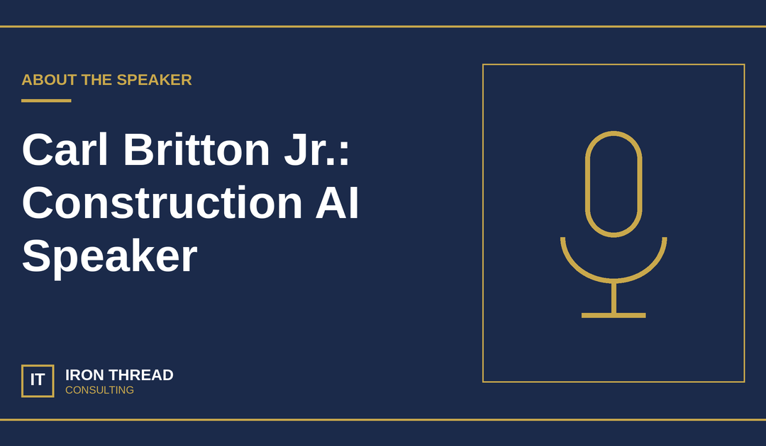 Iron Thread construction AI speaker graphic with a gold microphone on navy