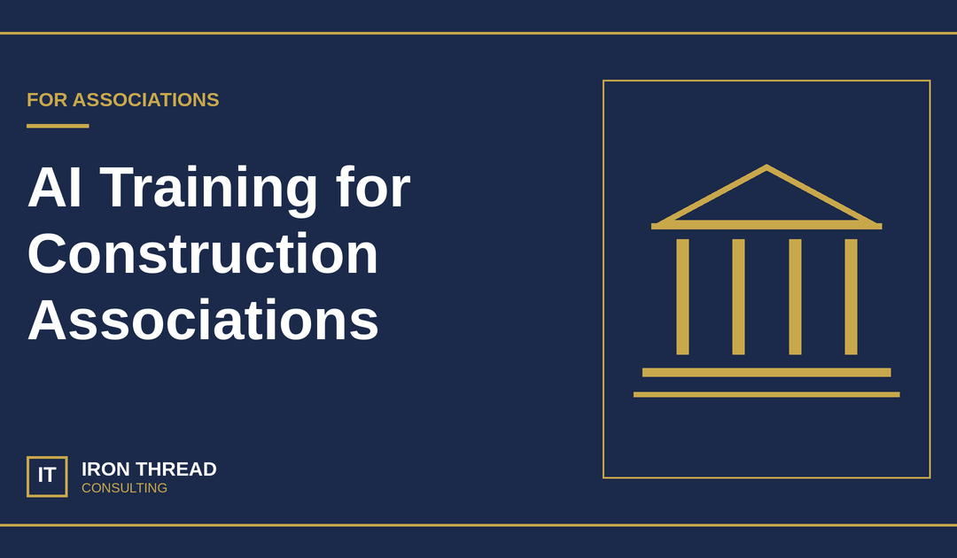 Iron Thread AI training for associations graphic with a gold hall with columns on navy